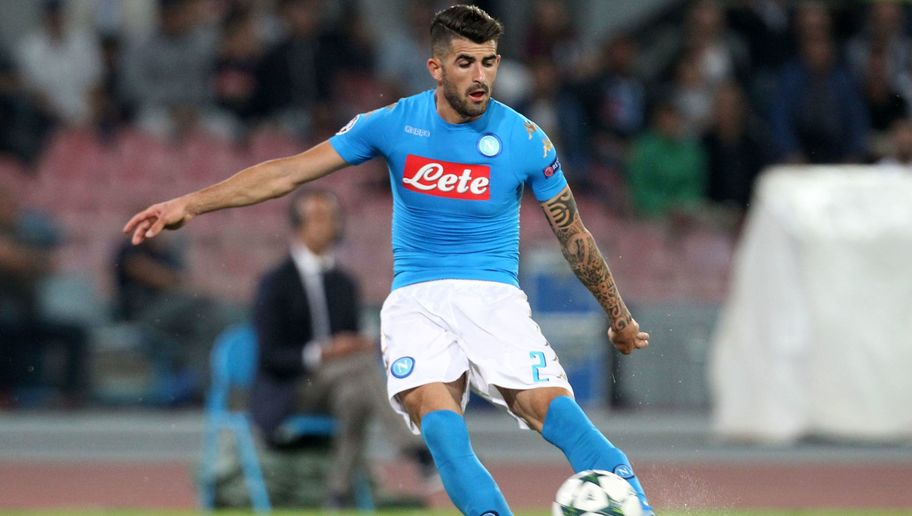 Napoli's defender from Albania Elseid Hysaj kicks the ball during the UEFA Champions League football match SSC Napoli vs SL Benfica on September 28, 2016 at the San Paolo stadium in Naples. / AFP / CARLO HERMANN (Photo credit should read CARLO HERMANN/AFP/Getty Images)