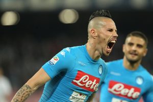 Napoli's midfielder from Slovakia Marek Hamsik celebrates after scoring during the Italian Serie A football match SSC Napoli vs SS Lazio on November 5, 2016, at the San Paolo Stadium in Naples. / AFP / CARLO HERMANN (Photo credit should read CARLO HERMANN/AFP/Getty Images)